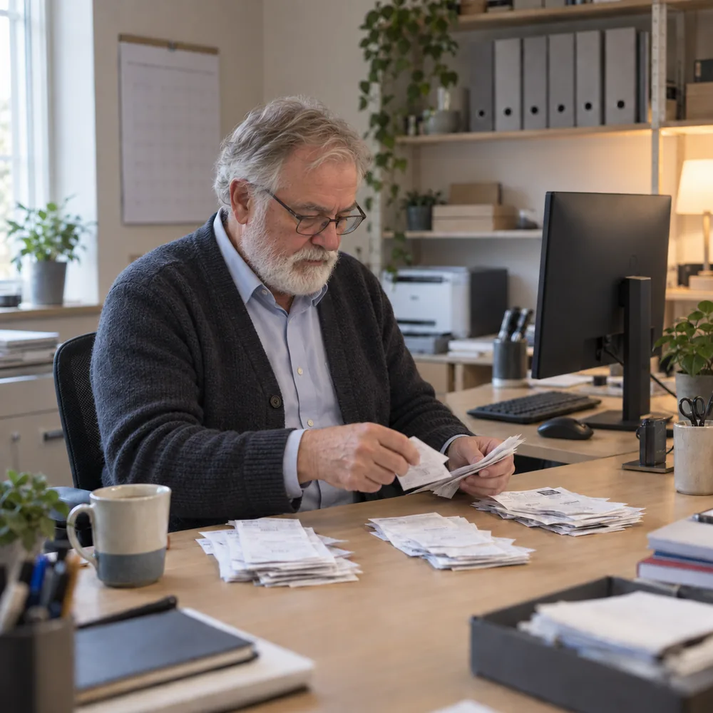 Accountant sorting client receipts at a Richmond Hill bookkeeping office using AI document automation