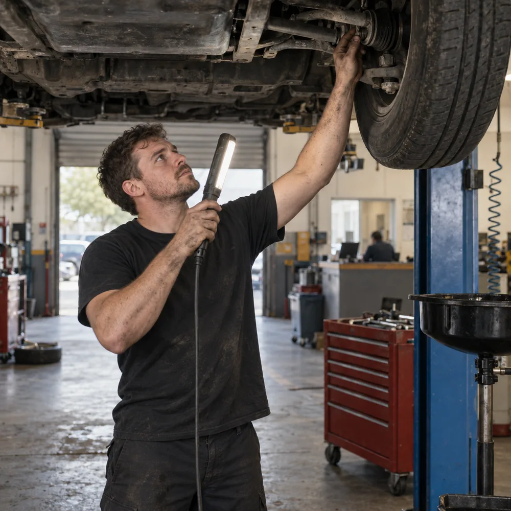 Mechanic inspecting a car on a lift in a Richmond Hill auto repair shop while an AI receptionist answers the phone