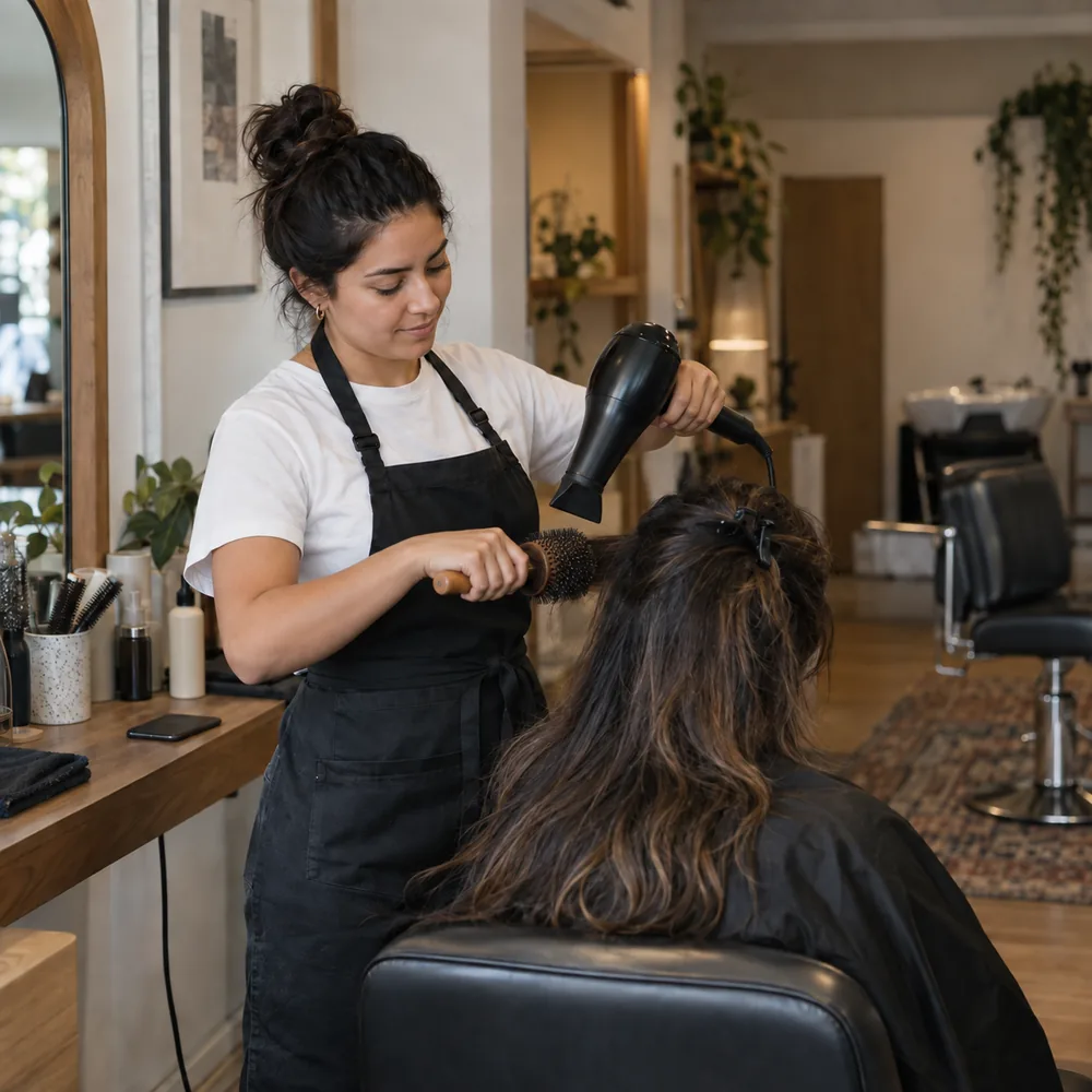 Stylist blow-drying a client's hair in a Richmond Hill salon while an AI receptionist takes bookings