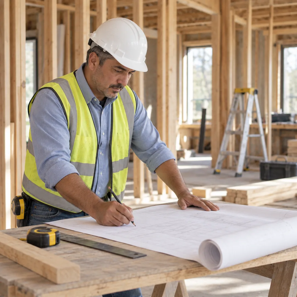 Site supervisor reviewing drawings on a Richmond Hill construction site, with AI keeping permits and change orders searchable