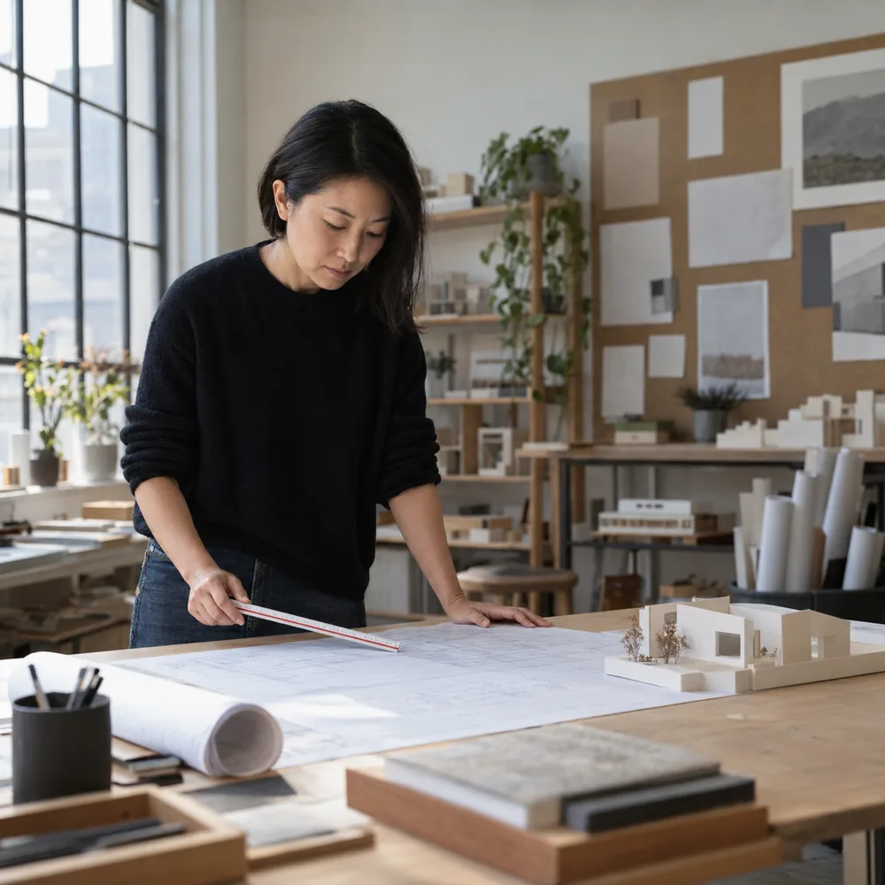 Architect working over drawings and a scale model in a Richmond Hill studio using AI document search