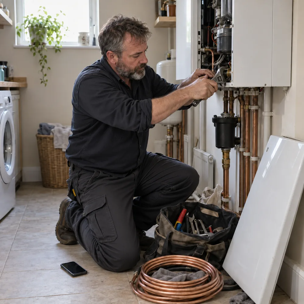 Plumber repairing a boiler in a Richmond Hill home while an AI receptionist answers and books the next service call