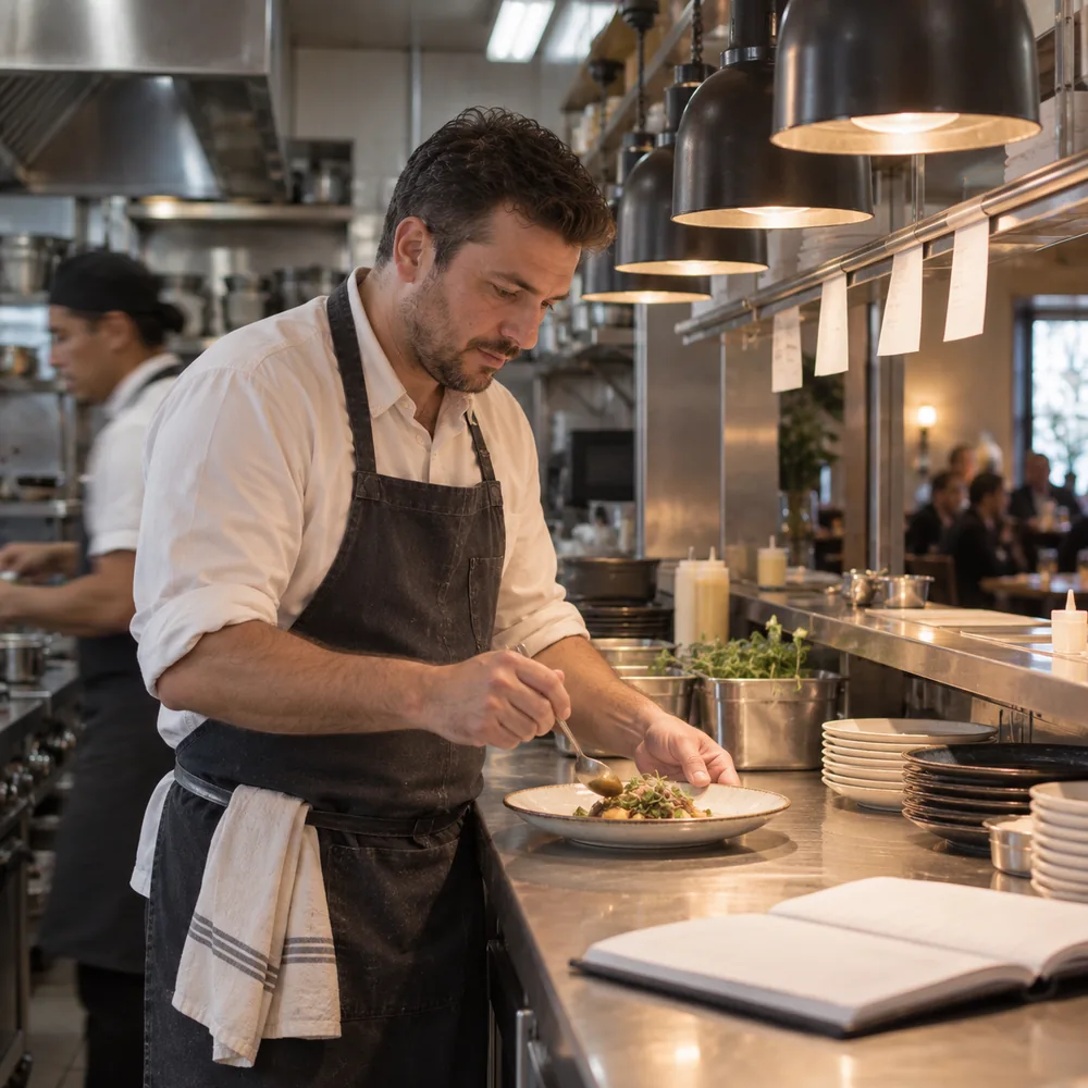 Chef plating a dish in a busy Richmond Hill restaurant kitchen while an AI receptionist takes reservations