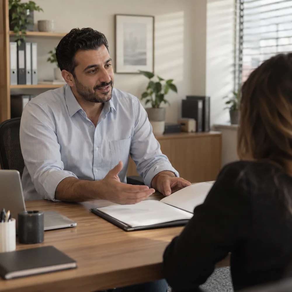 Insurance broker going over a policy with a client in a Richmond Hill brokerage supported by AI