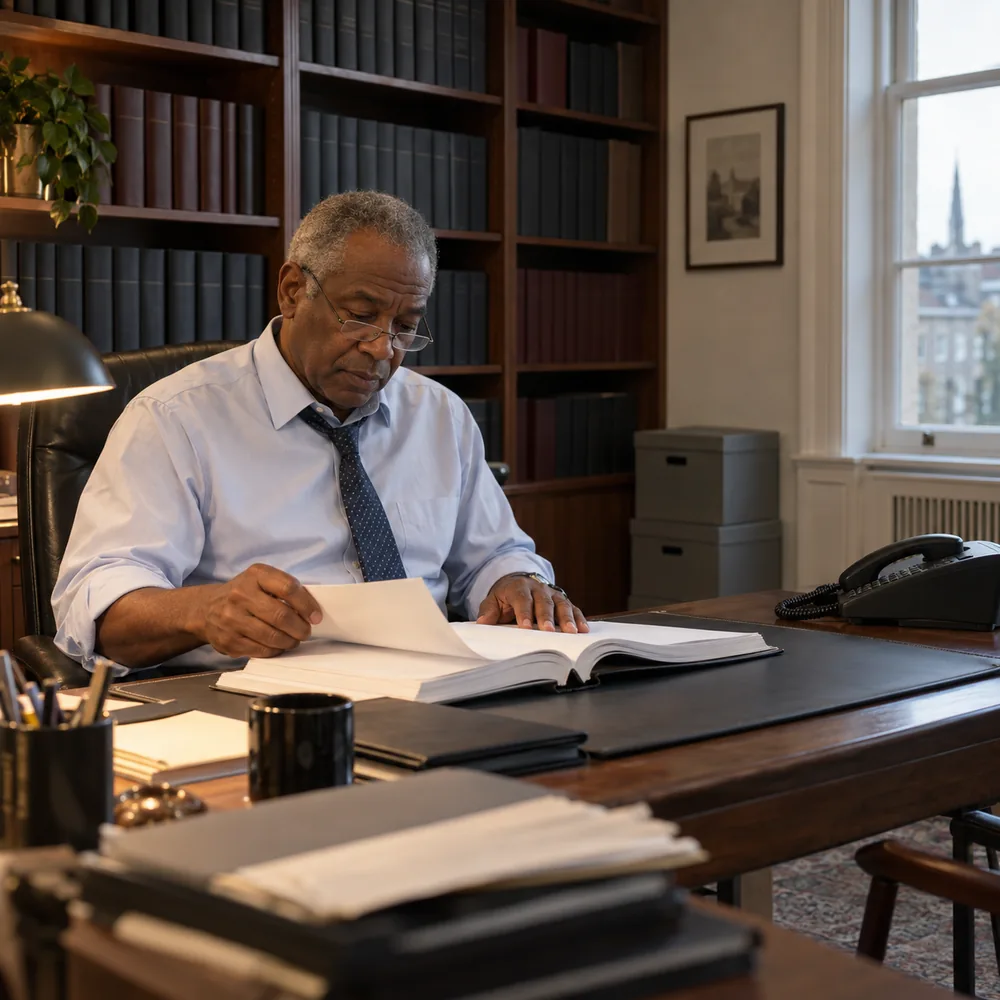 Lawyer reviewing case files in a Richmond Hill law office that uses an AI receptionist for client intake
