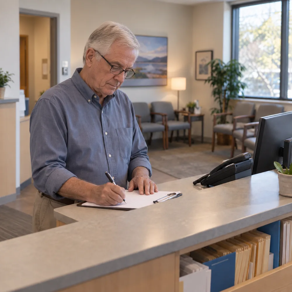 Doctor writing notes at the front desk of a Richmond Hill medical clinic, where an AI receptionist handles patient calls and scheduling