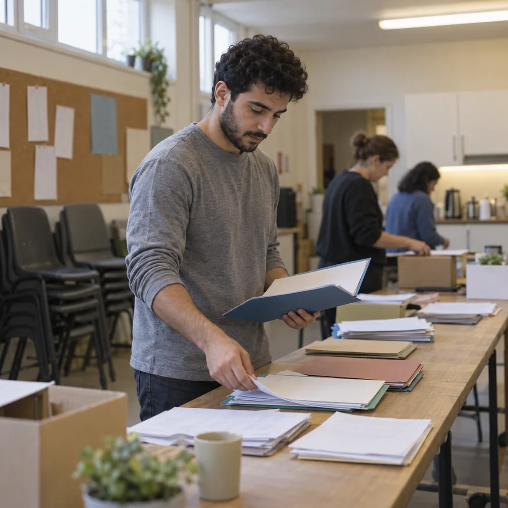 Staff reviewing files at a Richmond Hill non-profit office that answers member enquiries with AI