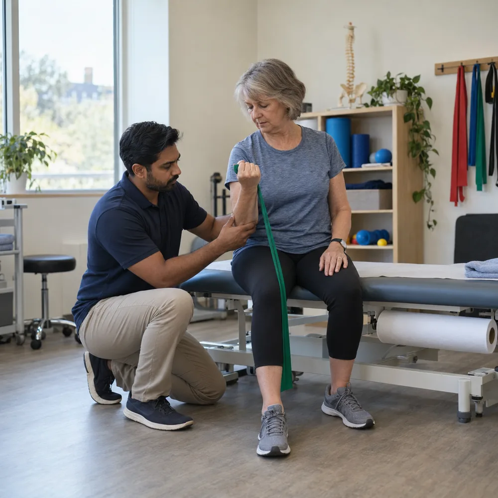 Physiotherapist guiding a patient through a resistance-band exercise at a Richmond Hill physio clinic that rebooks visits with AI