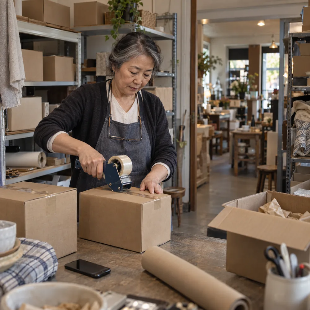Shop owner packing an order in the stockroom of a Richmond Hill retail store that automates order follow-up with AI