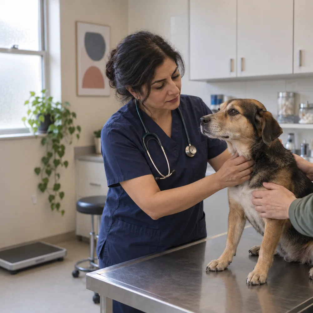 Veterinarian examining a dog at a Richmond Hill vet clinic with an AI receptionist triaging calls